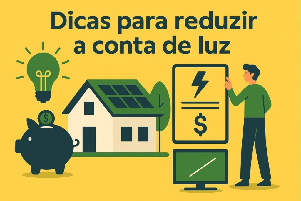 Ilustração com dicas práticas para reduzir o consumo de energia elétrica em casa