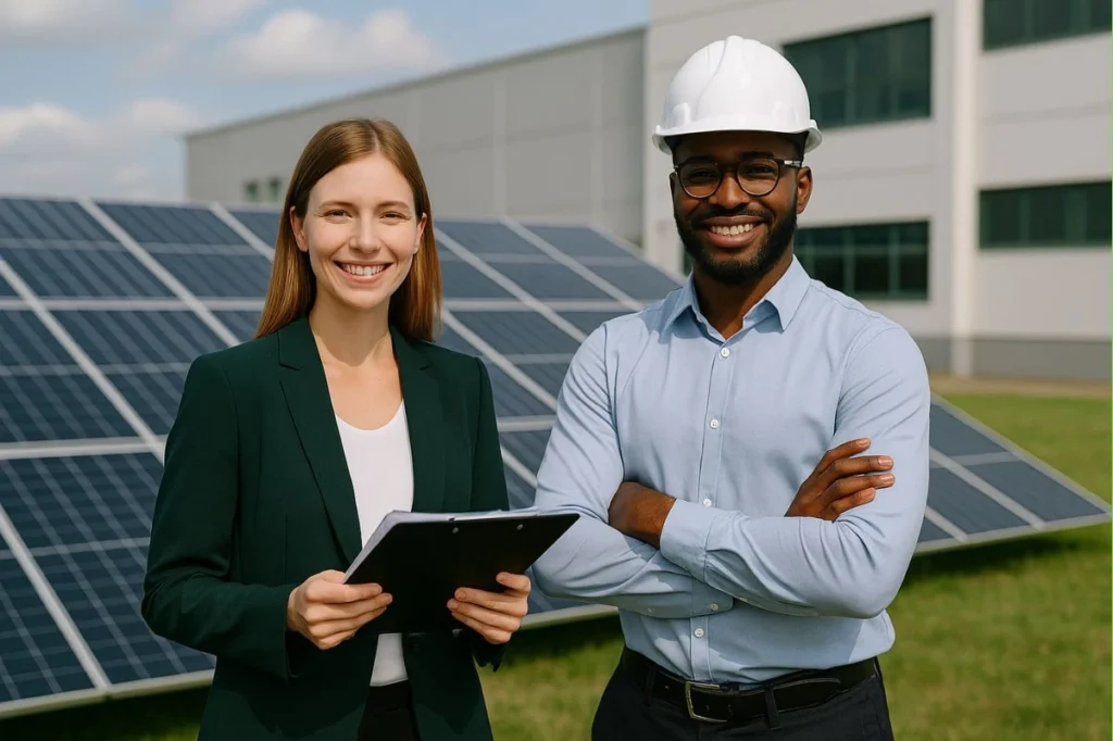 Empresários avaliando gráficos de economia com energia solar em escritório moderno